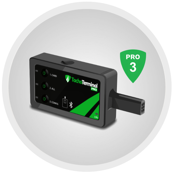Čitač TachoTerminal PRO3 s tipkama CARD, ALL i CONFIG te Bluetooth vezom
